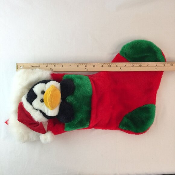 Vintage Prima Creations Penquin Plush Christmas Stocking 3D Green Red - Picture 4 of 5